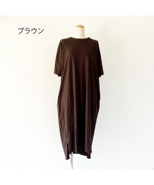 新品☆prit 30/1リサイクルムラ糸天竺　5分袖　ワイドワンピース 茶色 prit プリット 30/1リサイクルムラ糸天竺ボーダー 5分袖ワイド