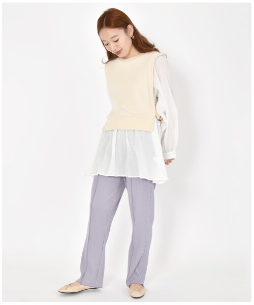 w closet（ダブルクローゼット）の「ワイドリブ配色メローパンツ（パンツ・レディース・アイボリー/Sグレー/グレージュ/サックス/グリーン/スミクロ・FREE/M/L）」の17枚目の写真