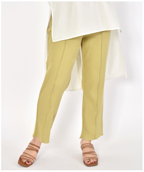 w closet（ダブルクローゼット）の「ワイドリブ配色メローパンツ（パンツ・レディース・アイボリー/Sグレー/グレージュ/サックス/グリーン/スミクロ・FREE/M/L）」の5枚目の写真