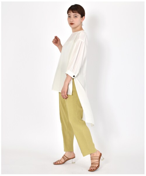 w closet（ダブルクローゼット）の「ワイドリブ配色メローパンツ（パンツ・レディース・アイボリー/Sグレー/グレージュ/サックス/グリーン/スミクロ・FREE/M/L）」の20枚目の写真