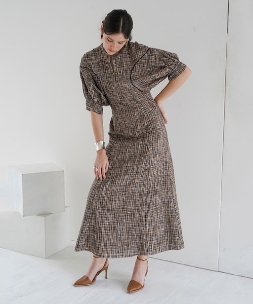 CLANE シースルー チェック アーム ワンピース