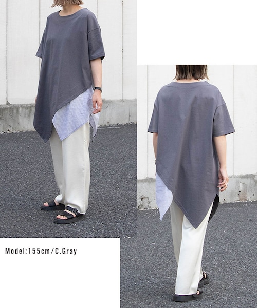 Sheson（シーズン）の「Sheson(シーズン)異素材切替アシメチュニックTee（チュニック・レディース・チャコールグレー(ストライプ）/ベージュ(ストライプ)/オフホワイト/ブラック・FREE）」の8枚目の写真