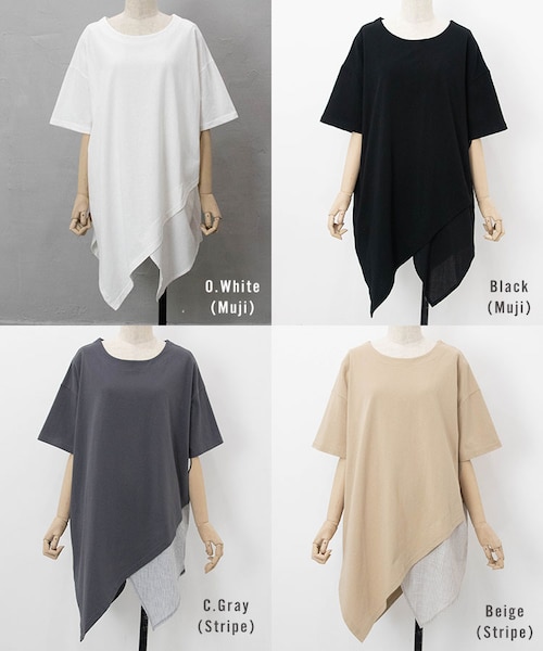 Sheson（シーズン）の「Sheson(シーズン)異素材切替アシメチュニックTee（チュニック・レディース・チャコールグレー(ストライプ）/ベージュ(ストライプ)/オフホワイト/ブラック・FREE）」の6枚目の写真