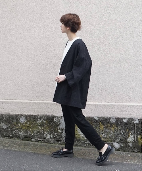 【なこです】ムジ.サッカーストライプ Vネックガウンジャケット　ブラック JOURNAL STANDARD LUXE（ジャーナルスタンダード ラックス）の