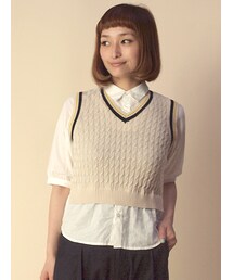 w closet | 【A/W】フェイクレイヤーシャツ付きケーブルニットベスト(トップス)