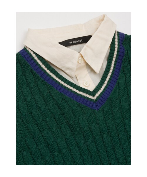 w closet（ダブルクローゼット）の「【A/W】フェイクレイヤーシャツ付きケーブルニットベスト（トップス・レディース・エクリュ×オフホワイト/Dグリーン×エクリュ/ネイビー×エクリュ・FREE）」の7枚目の写真