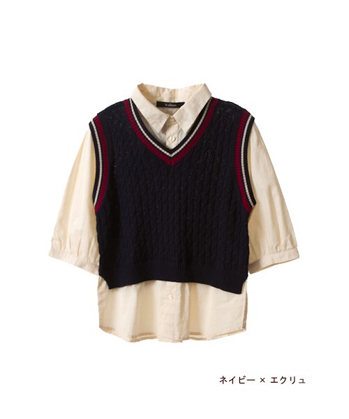 w closet（ダブルクローゼット）の「【A/W】フェイクレイヤーシャツ付きケーブルニットベスト（トップス・レディース・エクリュ×オフホワイト/Dグリーン×エクリュ/ネイビー×エクリュ・FREE）」の4枚目の写真
