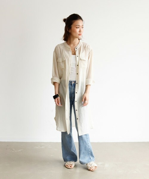 Auntie Rosa Holiday(アンティローザホリデー)の「シアーガーゼバンドカラーポケットシャツワンピ(シャツワンピース・レディース・ブルー/ベージュ/グリーン/その他・FREE)」の2枚目の写真