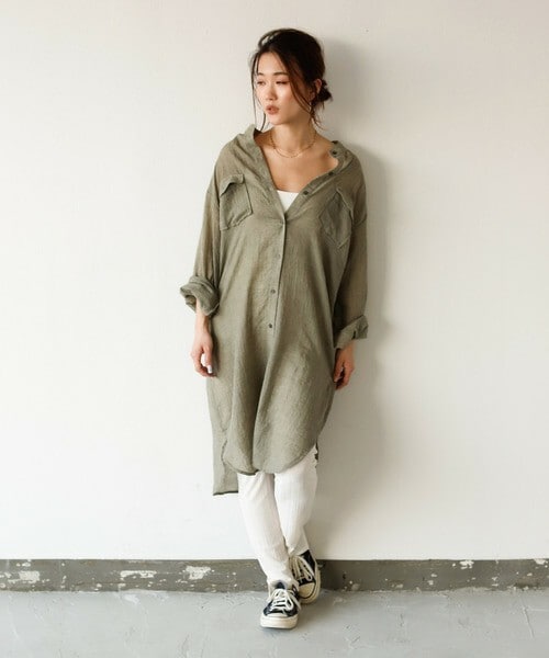 Auntie Rosa Holiday(アンティローザホリデー)の「シアーガーゼバンドカラーポケットシャツワンピ(シャツワンピース・レディース・ブルー/ベージュ/グリーン/その他・FREE)」の3枚目の写真