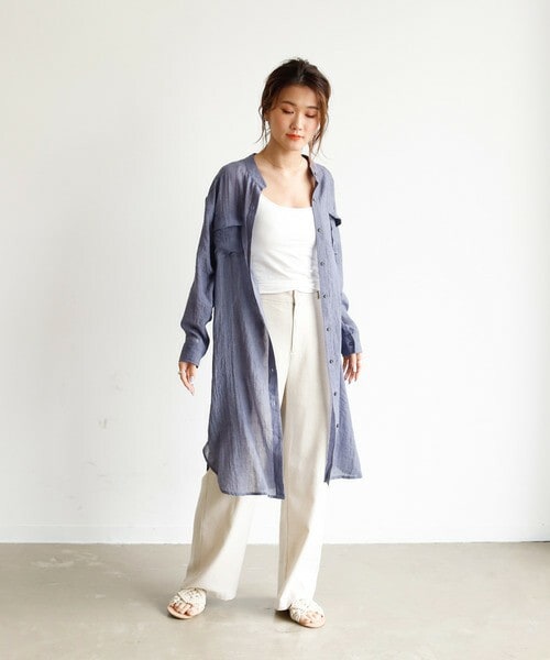 Auntie Rosa Holiday(アンティローザホリデー)の「シアーガーゼバンドカラーポケットシャツワンピ(シャツワンピース・レディース・ブルー/ベージュ/グリーン/その他・FREE)」の4枚目の写真