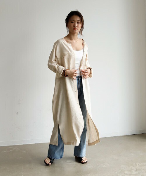 Auntie Rosa Holiday(アンティローザホリデー)の「ノーカラーウエスタンシャツワンピース(シャツワンピース・レディース・グリーン/ホワイト/ベージュ/ブルー・FREE)」の3枚目の写真