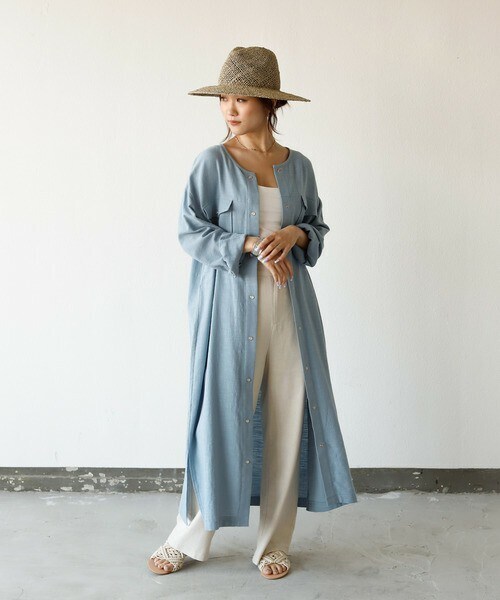 Auntie Rosa Holiday(アンティローザホリデー)の「ノーカラーウエスタンシャツワンピース(シャツワンピース・レディース・グリーン/ホワイト/ベージュ/ブルー・FREE)」の4枚目の写真