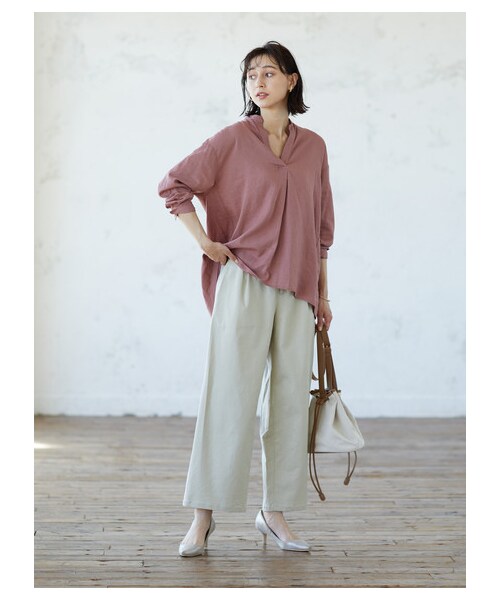 earth music&ecology（アースミュージックアンドエコロジー）の「【Special Price】めちゃはきやす麻混ワイドパンツ（パンツ・ベージュ/ネイビー/エクリュー/チェック・M/L）」の4枚目の写真