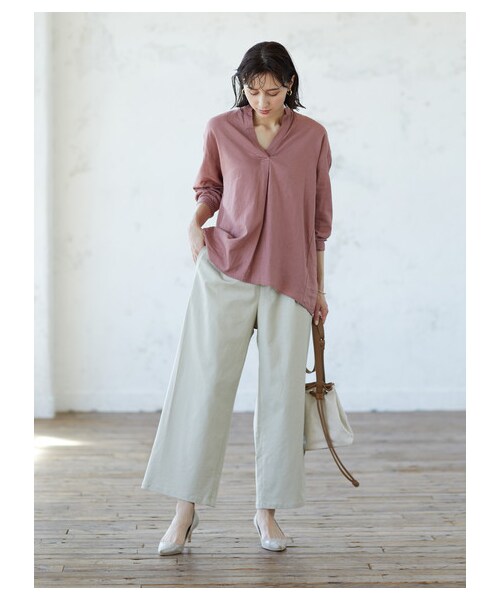 earth music&ecology（アースミュージックアンドエコロジー）の「【Special Price】めちゃはきやす麻混ワイドパンツ（パンツ・ベージュ/ネイビー/エクリュー/チェック・M/L）」の3枚目の写真