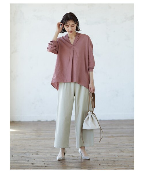 earth music&ecology（アースミュージックアンドエコロジー）の「【Special Price】めちゃはきやす麻混ワイドパンツ（パンツ・ベージュ/ネイビー/エクリュー/チェック・M/L）」の6枚目の写真