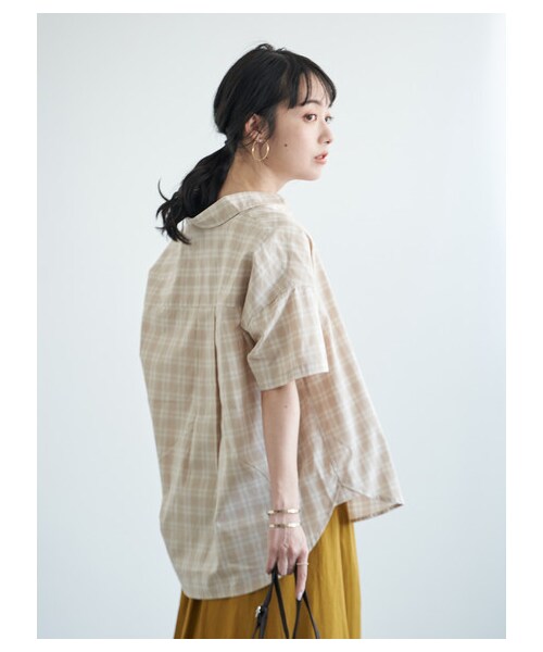 earth music&ecology（アースミュージックアンドエコロジー）の「【Special Price】40キャンブリック半袖2wayシャツ（トップス・アイボリー/ネイビー/チェックネイビー/チェックベージュ/チェックブラック/チェックアイボリー・F）」の6枚目の写真