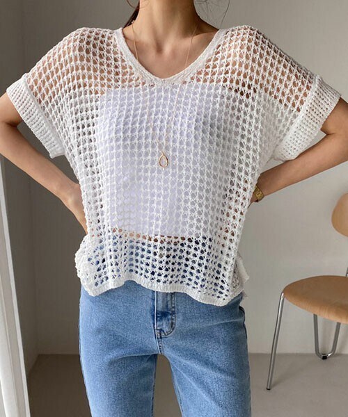 DHOLIC（ディーホリック）の「Vネックメッシュニット（ニット/セーター・レディース・グリーン/ホワイト/ベージュ/ブラウン/グレー・FREE）」の2枚目の写真