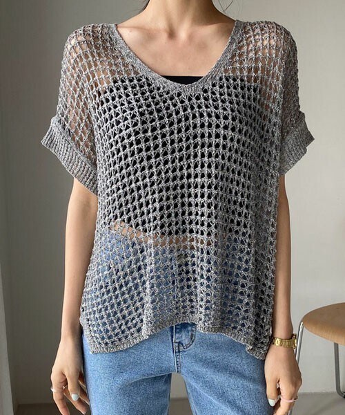 DHOLIC（ディーホリック）の「Vネックメッシュニット（ニット/セーター・レディース・グリーン/ホワイト/ベージュ/ブラウン/グレー・FREE）」の3枚目の写真