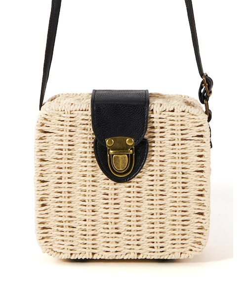 GRL（グレイル）の「配色スクエアカゴショルダーバッグ（かごバッグ・レディース・グリーン/アイボリー/ベージュ/オフホワイト・M）」の2枚目の写真