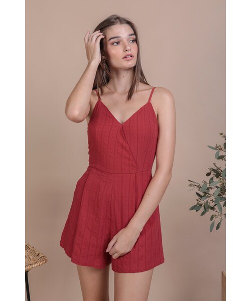 The Tinsel Rack（ザティンセルラック）の「Karla Wrap Front Romper (Red Embroidery)（その