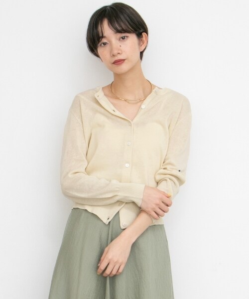 KBF（ケイビーエフ）の「illi 亞麻混紡圓領開襟衫（トップス・レディース・淺膚色/橘色/淺綠色/黑色・one）」の7枚目の写真