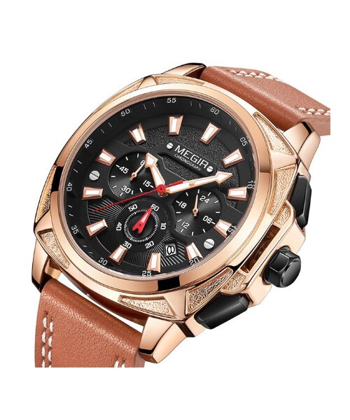 No Brand ノーブランド の Megir トップブランド メンズ腕時計 クロノグラフ 防水 レザーバンド 日付表示 クォーツ ルミナスハンズ 海外 丸みのある可愛いケース 選べる3色 その他 Wear