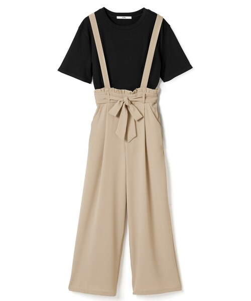 GRL(グレイル)の「トップス×リボンベルト付サスワイドパンツセットアップ(セットアップ・レディース・ベージュ×黒・M)」の1枚目の写真