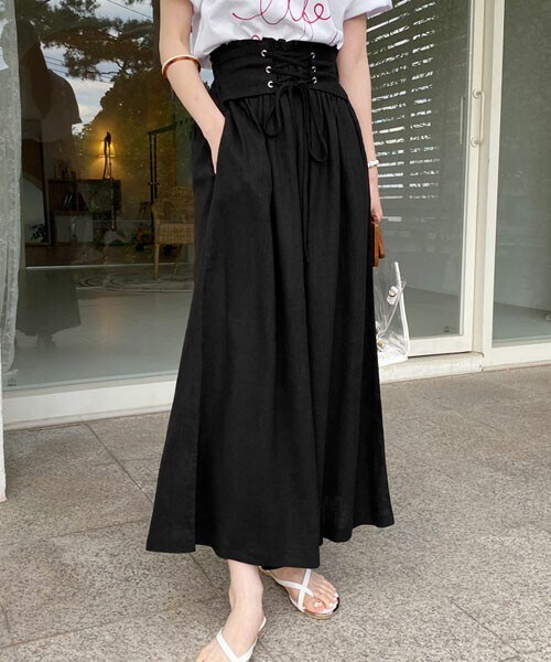 DHOLIC(ディーホリック)の「ウエストレースアップフレアパンツ(その他パンツ・レディース・ベージュ/ブラック/グリーン・FREE)」の2枚目の写真