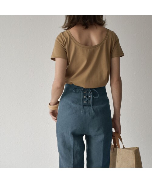 Lavish Gate(ラヴィッシュゲート)の「bottoms-04026 日本製 リネン バックレースアップ パンツ モカ グレイッシュブルー(その他パンツ・レディース・その他)」の2枚目の写真