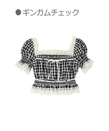 Bobon21 | スクエア襟Ribbonレースミニ丈フリルトップス-全２色-(シャツ/ブラウス)