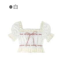 Bobon21 | スクエア襟Ribbonレースミニ丈フリルトップス-全２色-(シャツ/ブラウス)