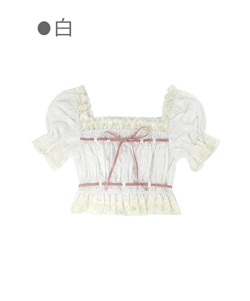 Bobon21（ボボンニジュウイチ）の「スクエア襟Ribbonレースミニ丈フリルトップス-全２色-（シャツ/ブラウス・レディース・ブラック/ホワイト・S/M/L）」の2枚目の写真