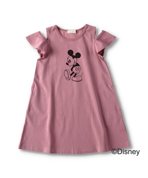 BRANSHES(ブランシェス)の「【ミッキーマウス】オープンショルダー(ワンピース・キッズ・ピンク/ブラウン・90cm~130cm/90cm~150cm)」の1枚目の写真