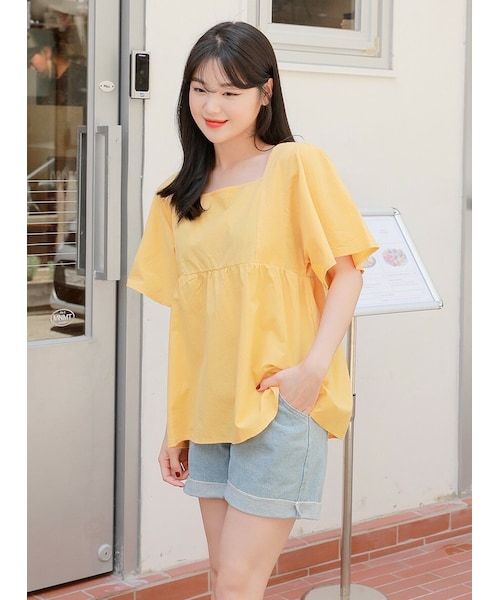 HOTPING(ホッピン)の「スクエアネックワイドスリーブブラウス(シャツ/ブラウス・レディース・Yellow/White・フリーサイズ/L)」の1枚目の写真
