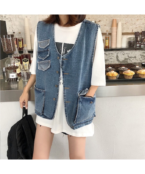 no brand（ノーブランド）の「デニムベスト ゆったり 韓国ファッション