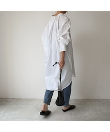 Lavish Gate | tops-02163　バックノット　 バンドカラーボリュームロングシャツ　ブラック　ホワイト(シャツ/ブラウス)