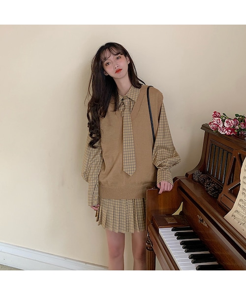 韓国 ウール調 ウエストベルト ベストニットワンピース 501182 earth music&ecology ワンピース SET2点ZIPベスト+ニット