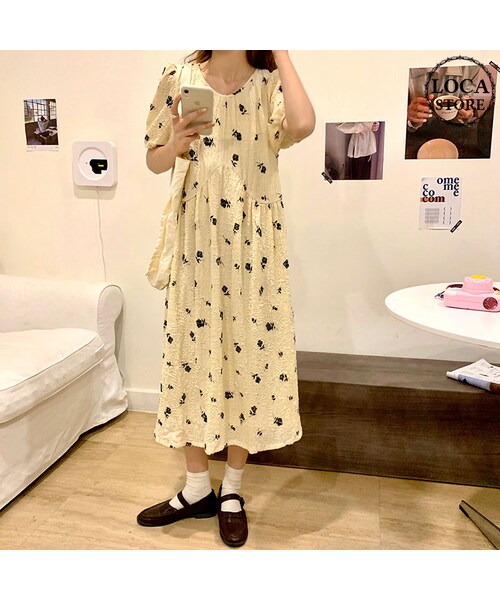 No Brand ノーブランド の 花柄 ワンピース 半袖 韓国ファッション レディース ロング丈 Aライン ローズプリント ガーリー Dtc シャツ ブラウス Wear