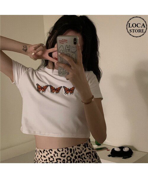 No Brand ノーブランド の バタフライ Tシャツ 半袖 ショート丈 ホワイト 韓国ファッション レディース 蝶 白 かわいい ガーリー Dtc Wt Tシャツ カットソー Wear