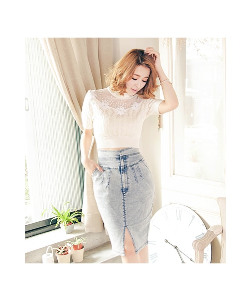 gracegift（グレースギフト）の「前開岔洗舊刷色丹寧花苞窄裙（スカート・レディース・藍/淺藍・F）」の7枚目の写真