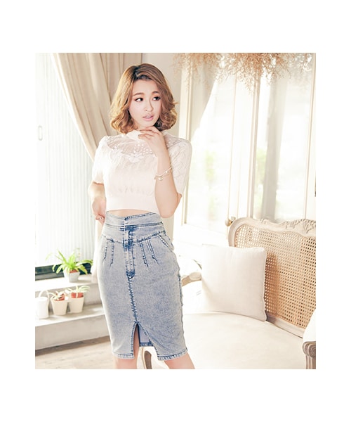 gracegift（グレースギフト）の「前開岔洗舊刷色丹寧花苞窄裙（スカート・レディース・藍/淺藍・F）」の8枚目の写真