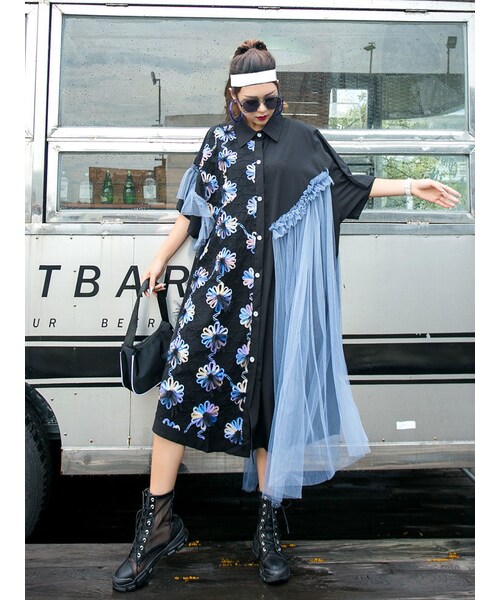 No Brand ノーブランド の パッチワークドッキングメッシュドレス Da 159 ワンピース Wear