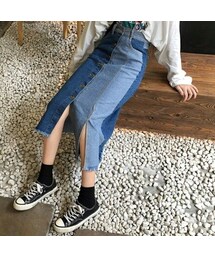 no brand | カットオフデニムアシンメトリーとスリットのロングスカート(デニムスカート)