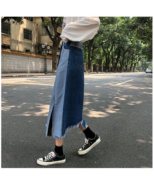 no brand（ノーブランド）の「カットオフデニムアシンメトリーとスリットのロングスカート（デニムスカート・レディース・その他）」の10枚目の写真