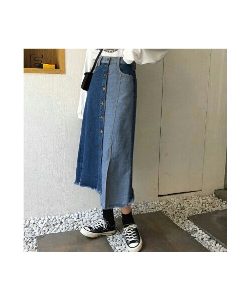 no brand（ノーブランド）の「カットオフデニムアシンメトリーとスリットのロングスカート（デニムスカート・レディース・その他）」の5枚目の写真