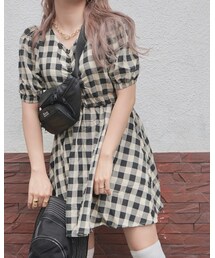 A.D.G | Puffsleeve Check Flare Mini Onepiece(beige)(ワンピース)
