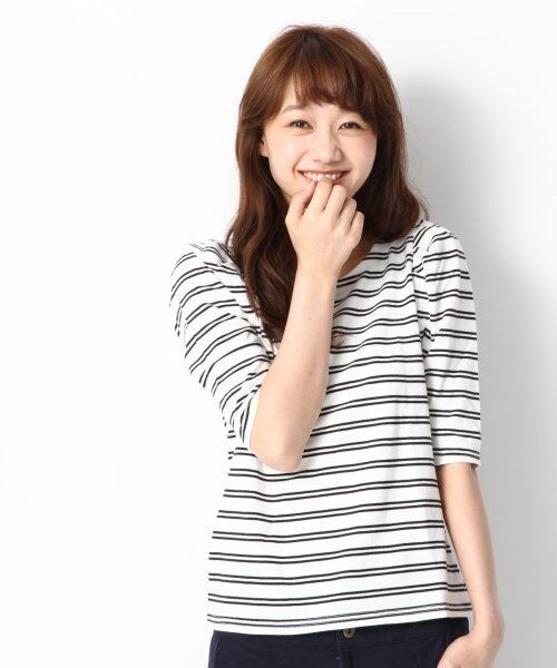 LOWRYS FARM(ローリーズファーム)の「コットンボーダーパワショル5分袖(トップス・レディース・オフ*ブラック/ネイビー*オフ*レッド/チャコールグレー*ネイビー*グリーン/ネイビー*オフ・M/L)」の1枚目の写真