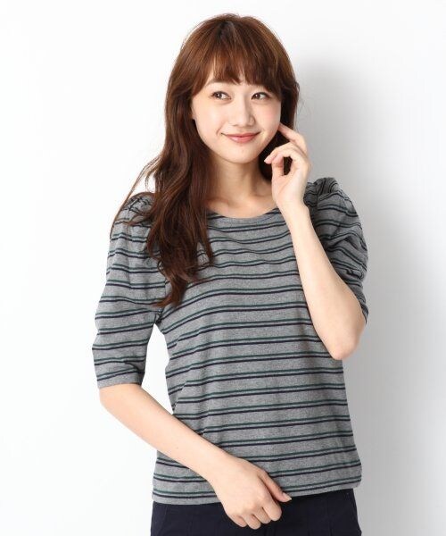 LOWRYS FARM(ローリーズファーム)の「コットンボーダーパワショル5分袖(トップス・レディース・オフ*ブラック/ネイビー*オフ*レッド/チャコールグレー*ネイビー*グリーン/ネイビー*オフ・M/L)」の3枚目の写真