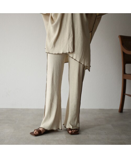 Lavish Gate（ラヴィッシュゲート）の「bottoms-04029　日本製　コットンリネン　リブフレアパンツ　エクリュ　モカ（その他パンツ・レディース・その他）」の2枚目の写真