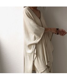 Lavish Gate | tops-04040　日本製　コットンリネン　リブカフタン　エクリュ　モカ(Tシャツ/カットソー)